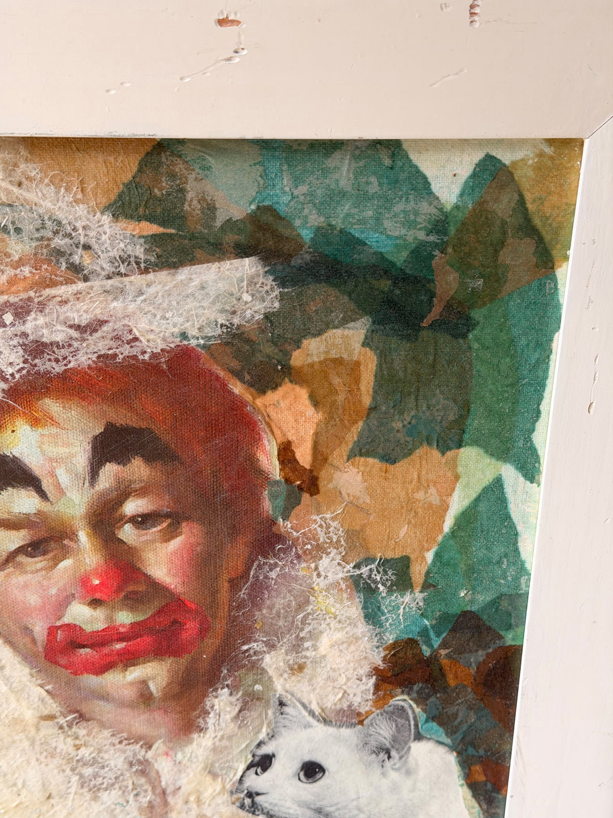 Vintage Signed Albina Marie Meredith Mixed Media Clown Cats Collage Painting 25"
