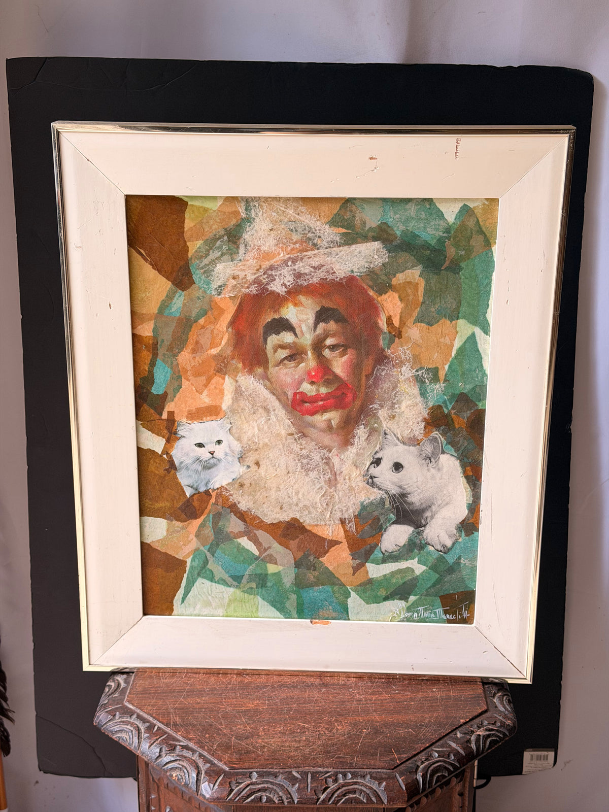 Vintage Signed Albina Marie Meredith Mixed Media Clown Cats Collage Painting 25"