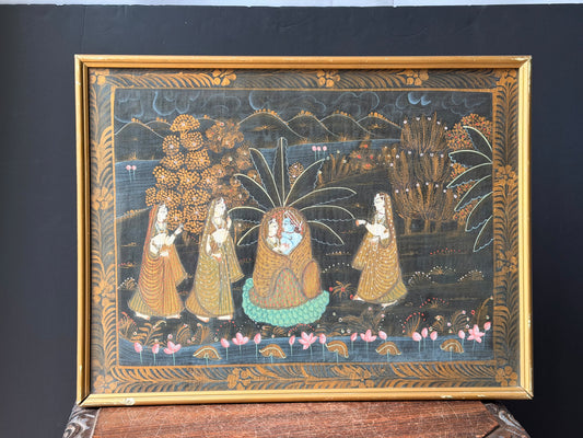 Vintage Indian Rajasthani Style Painting Radha Krishna Gopis Lotus Pond 20"