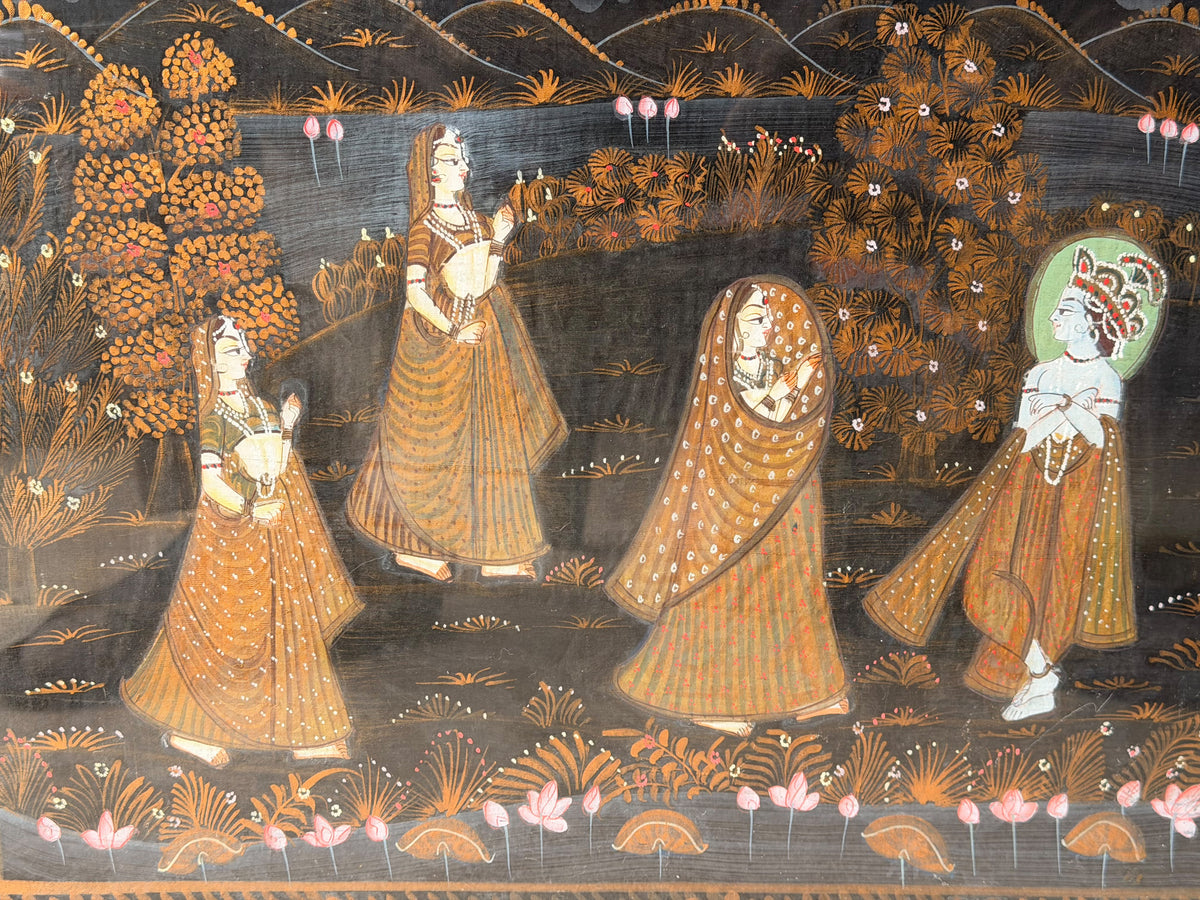 Vintage Indian Rajasthani Style Painting Krishna Gopis Lotus Pond Framed 20"