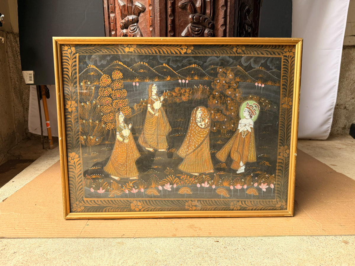 Vintage Indian Rajasthani Style Painting Krishna Gopis Lotus Pond Framed 20"