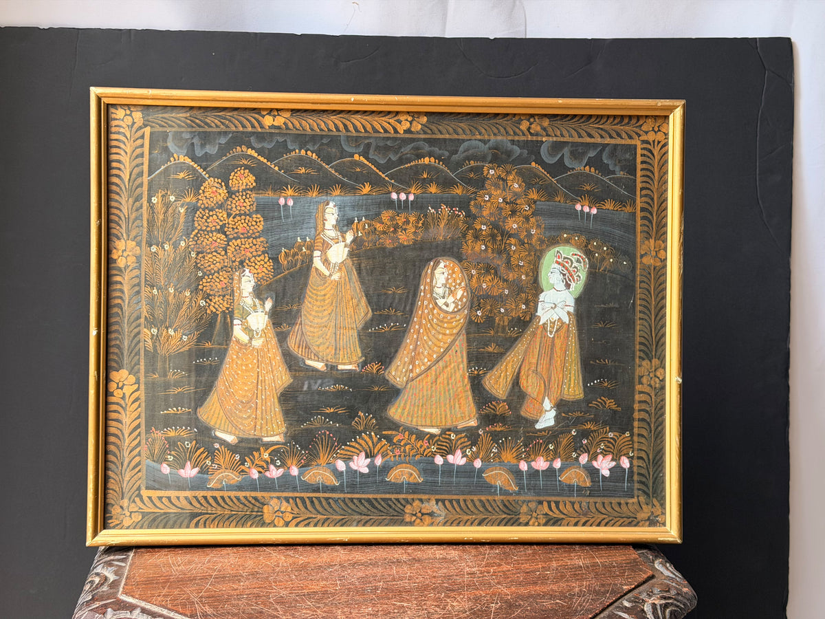 Vintage Indian Rajasthani Style Painting Krishna Gopis Lotus Pond Framed 20"
