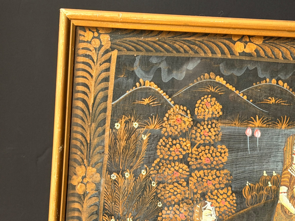 Vintage Indian Rajasthani Style Painting Krishna Gopis Lotus Pond Framed 20"