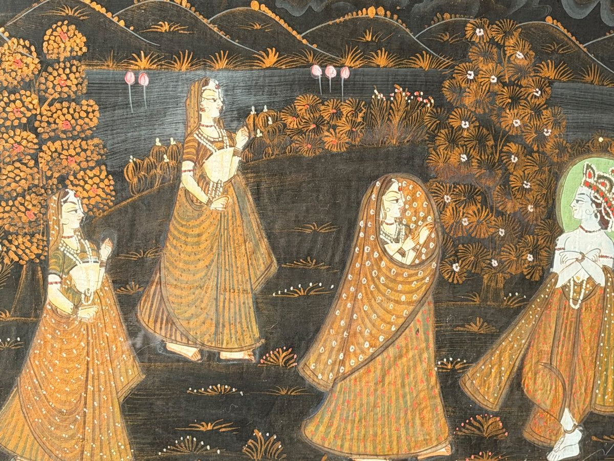 Vintage Indian Rajasthani Style Painting Krishna Gopis Lotus Pond Framed 20"