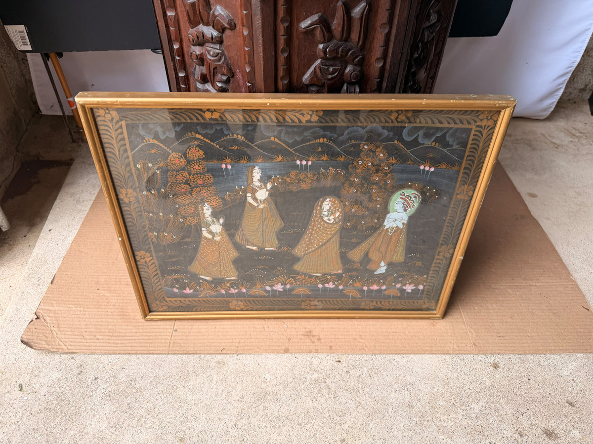 Vintage Indian Rajasthani Style Painting Krishna Gopis Lotus Pond Framed 20"