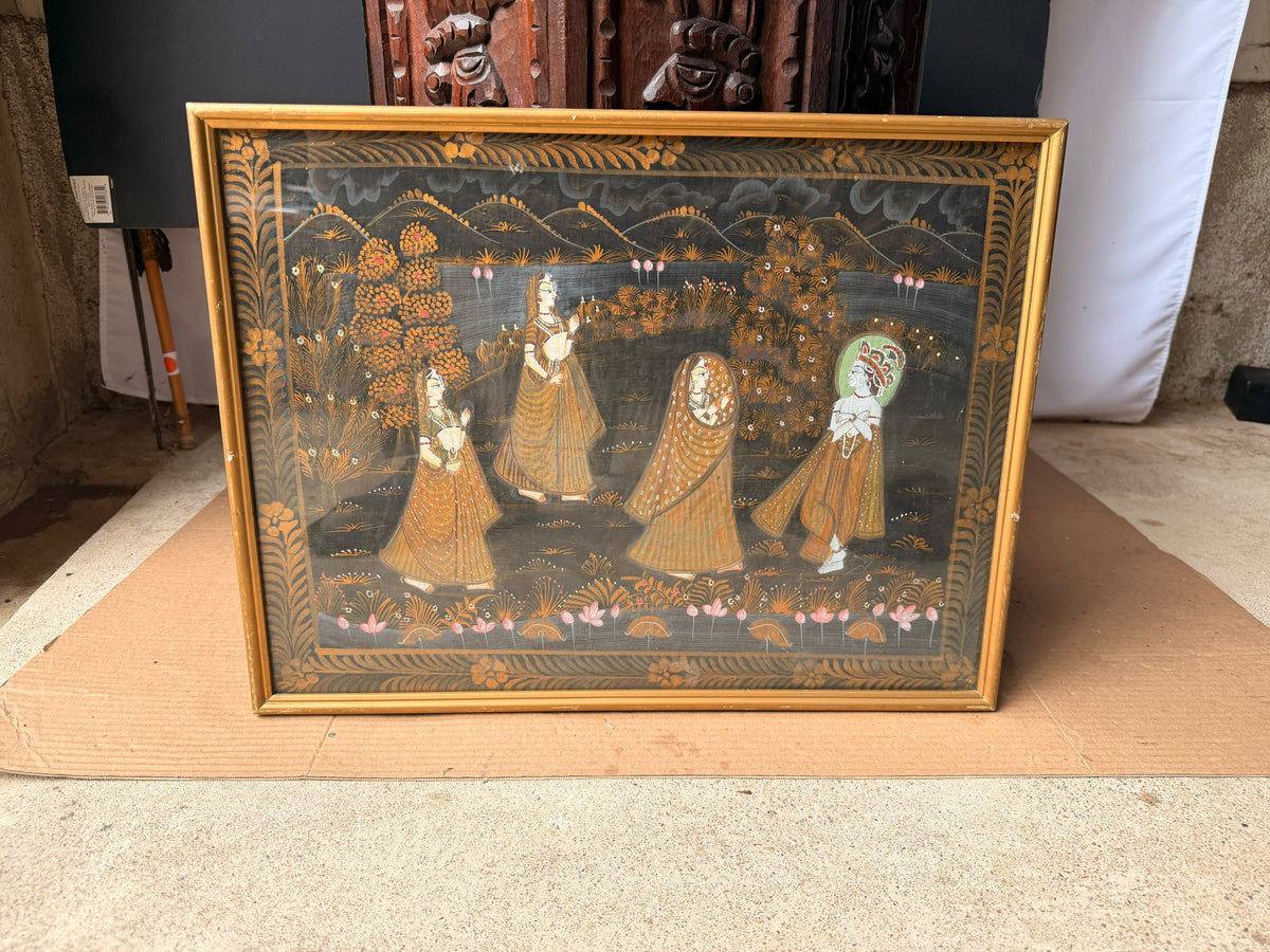 Vintage Indian Rajasthani Style Painting Krishna Gopis Lotus Pond Framed 20"