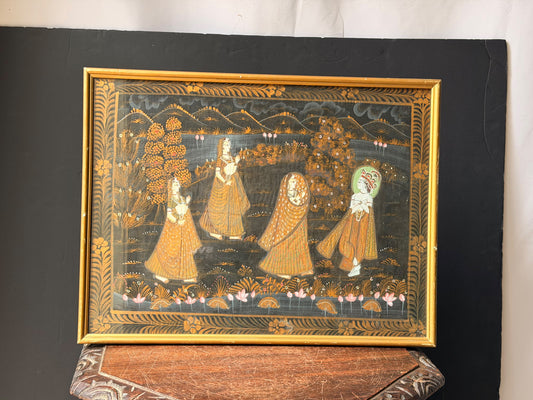 Vintage Indian Rajasthani Style Painting Krishna Gopis Lotus Pond Framed 20"