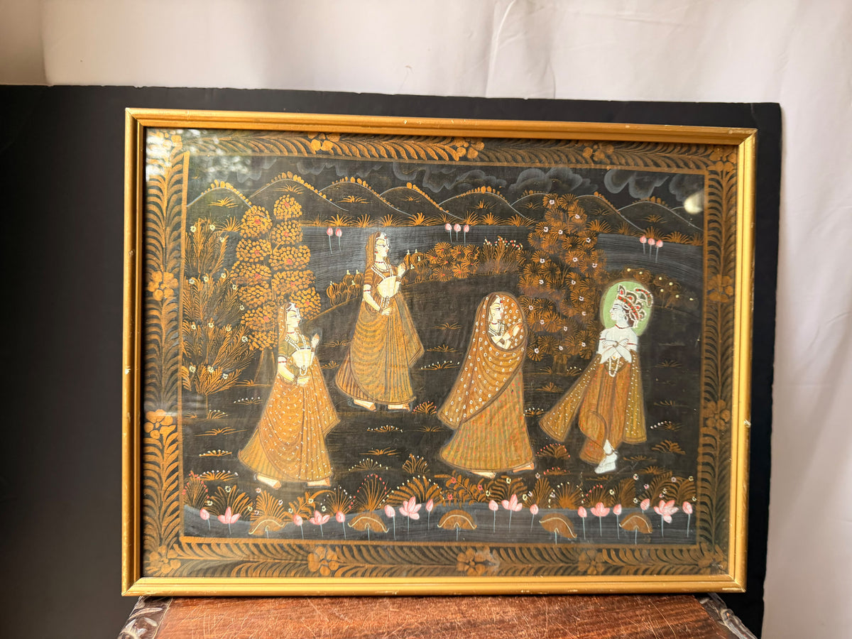 Vintage Indian Rajasthani Style Painting Krishna Gopis Lotus Pond Framed 20"