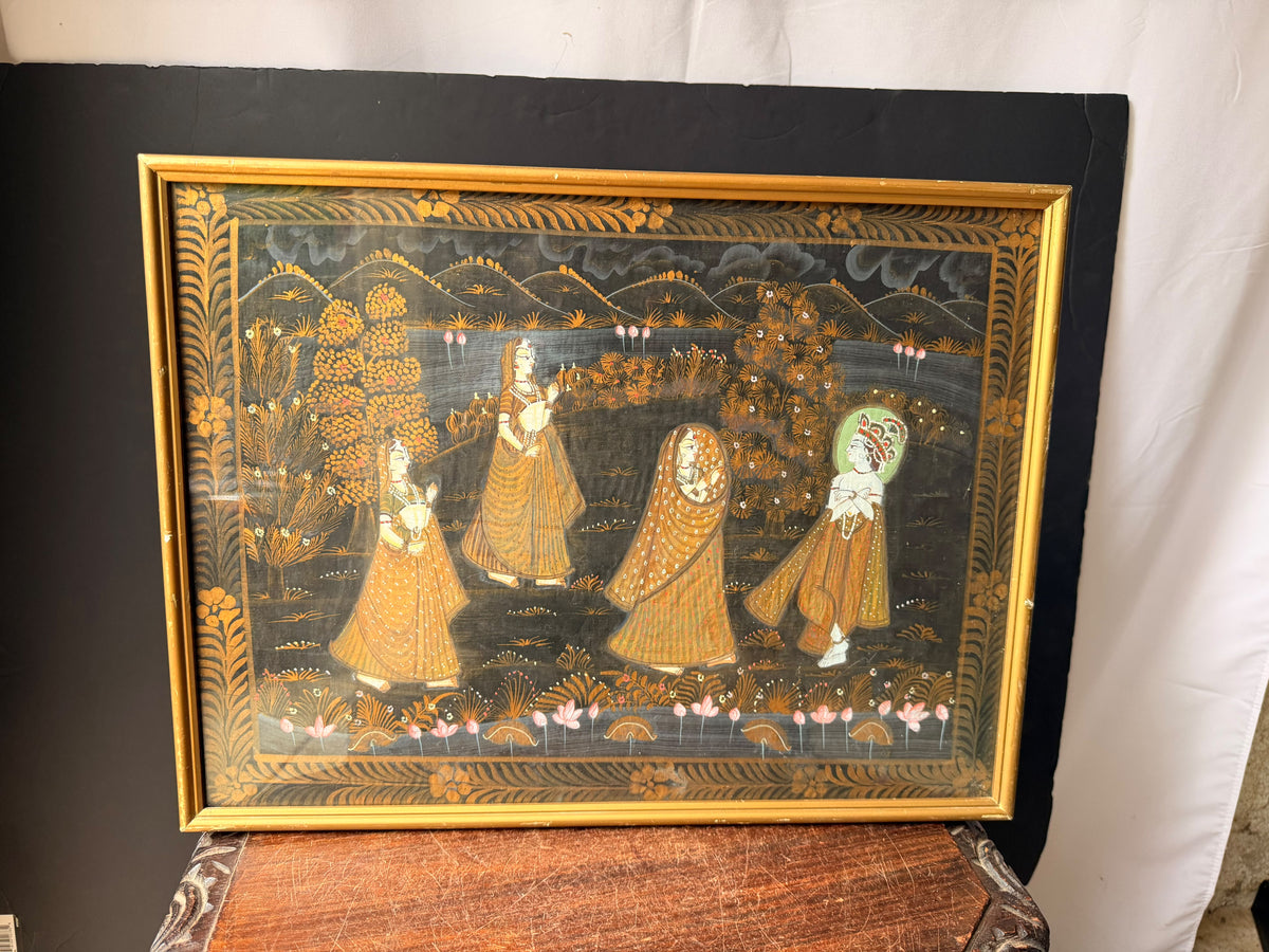 Vintage Indian Rajasthani Style Painting Krishna Gopis Lotus Pond Framed 20"