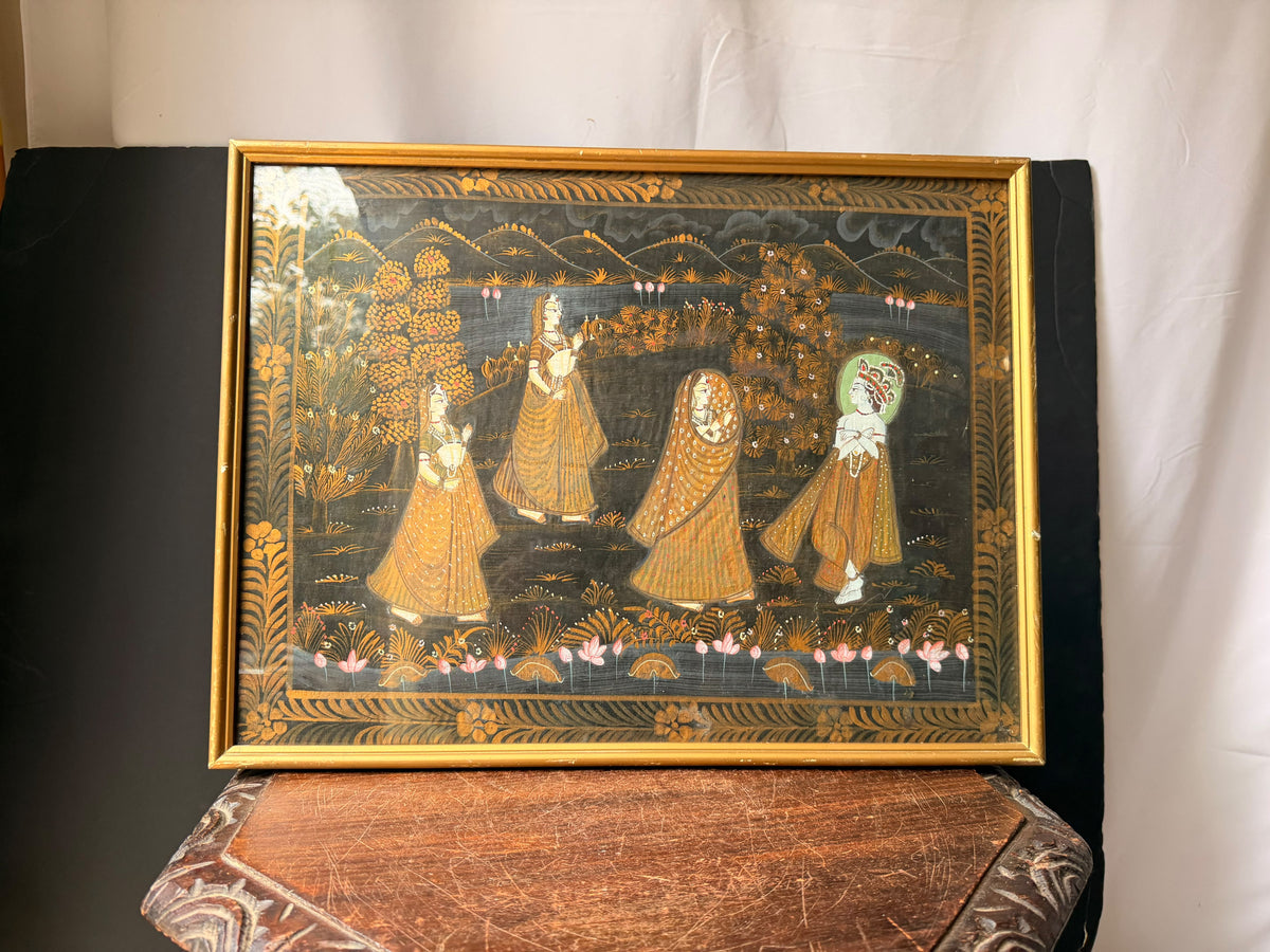 Vintage Indian Rajasthani Style Painting Krishna Gopis Lotus Pond Framed 20"