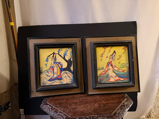 Pair Vintage Mid Century Asian Women in Kimono Paintings Framed Yellow 13"