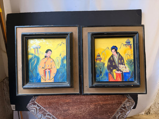 Pair Vintage Mid Century Asian Women Pagoda Paintings Framed Yellow 13"