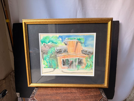 Vintage 1990 Signed S Ho Watercolor Ink Painting Wooden Building Gold Framed 22"
