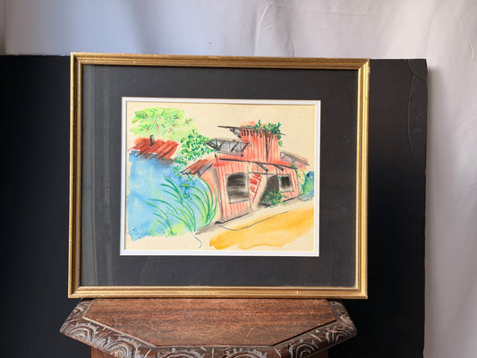 Vintage 1990 Sandra Ho Watercolor Ink Painting Red Building Gold Framed 21"