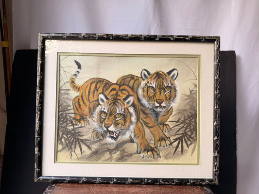 Vintage Asian Silk Painting Two Tiger Cubs Bamboo Signed Seal Framed 21"