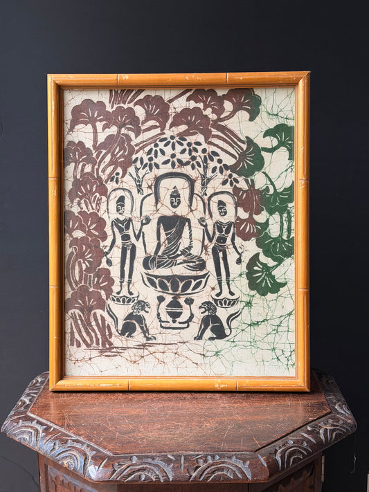 Vintage Taiwan Batik Textile Art Buddha & Attendants Faux Bamboo Frame 18x15"