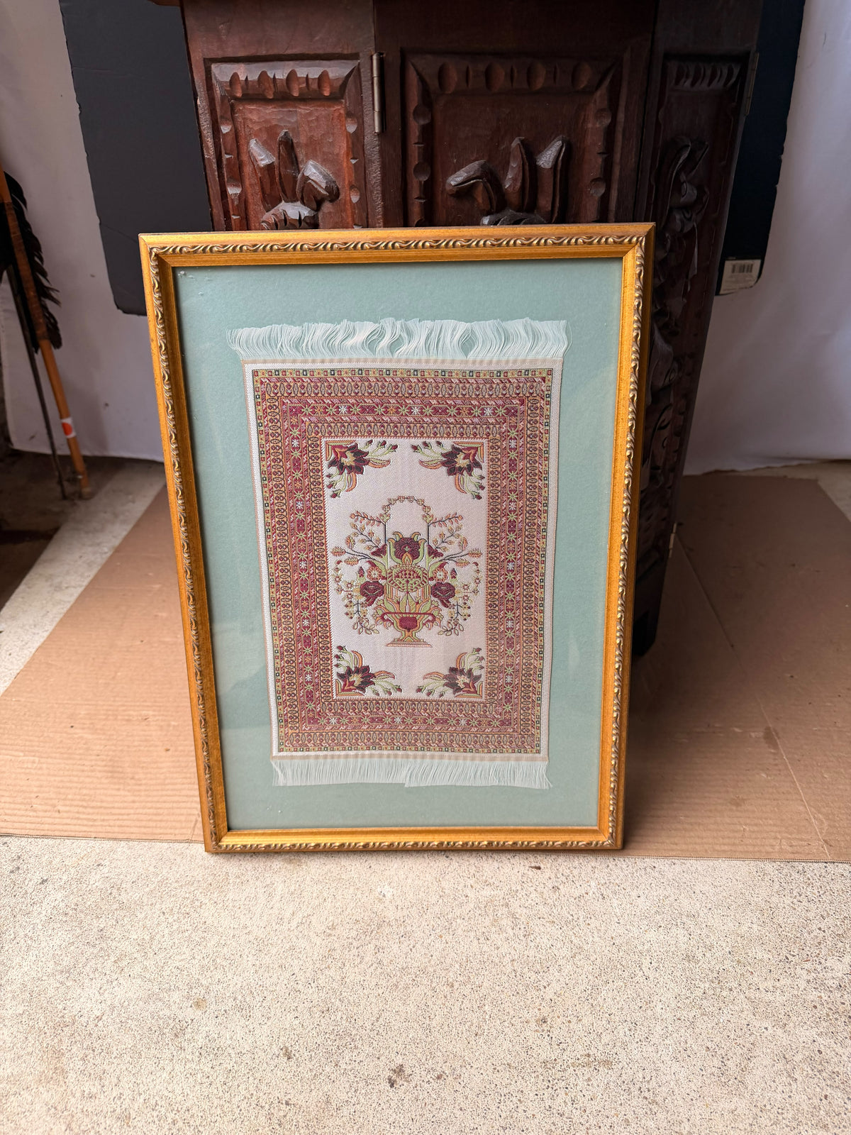 Vintage Framed Miniature Woven Rug Art Floral Vase Oriental Carpet Style 17x12"