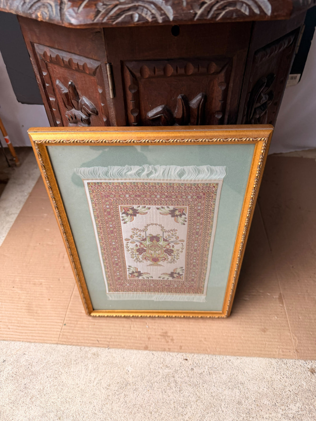 Vintage Framed Miniature Woven Rug Art Floral Vase Oriental Carpet Style 17x12"