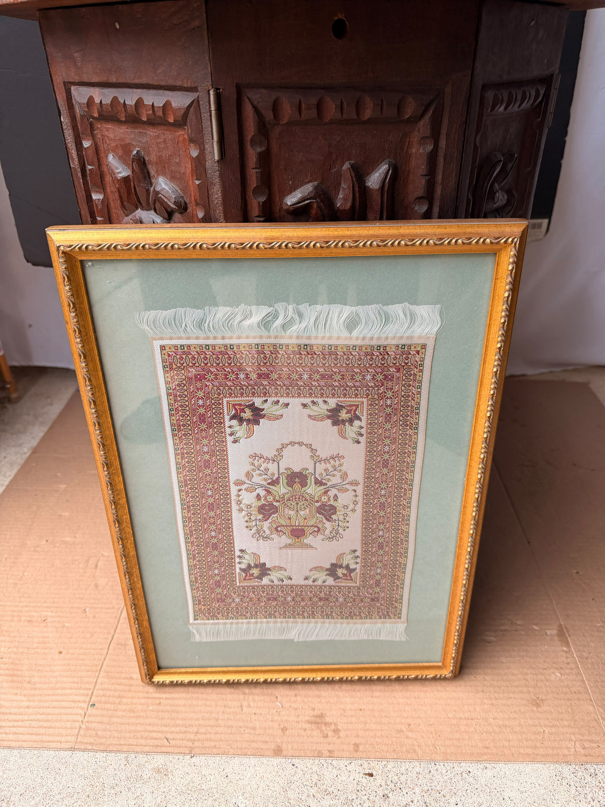 Vintage Framed Miniature Woven Rug Art Floral Vase Oriental Carpet Style 17x12"