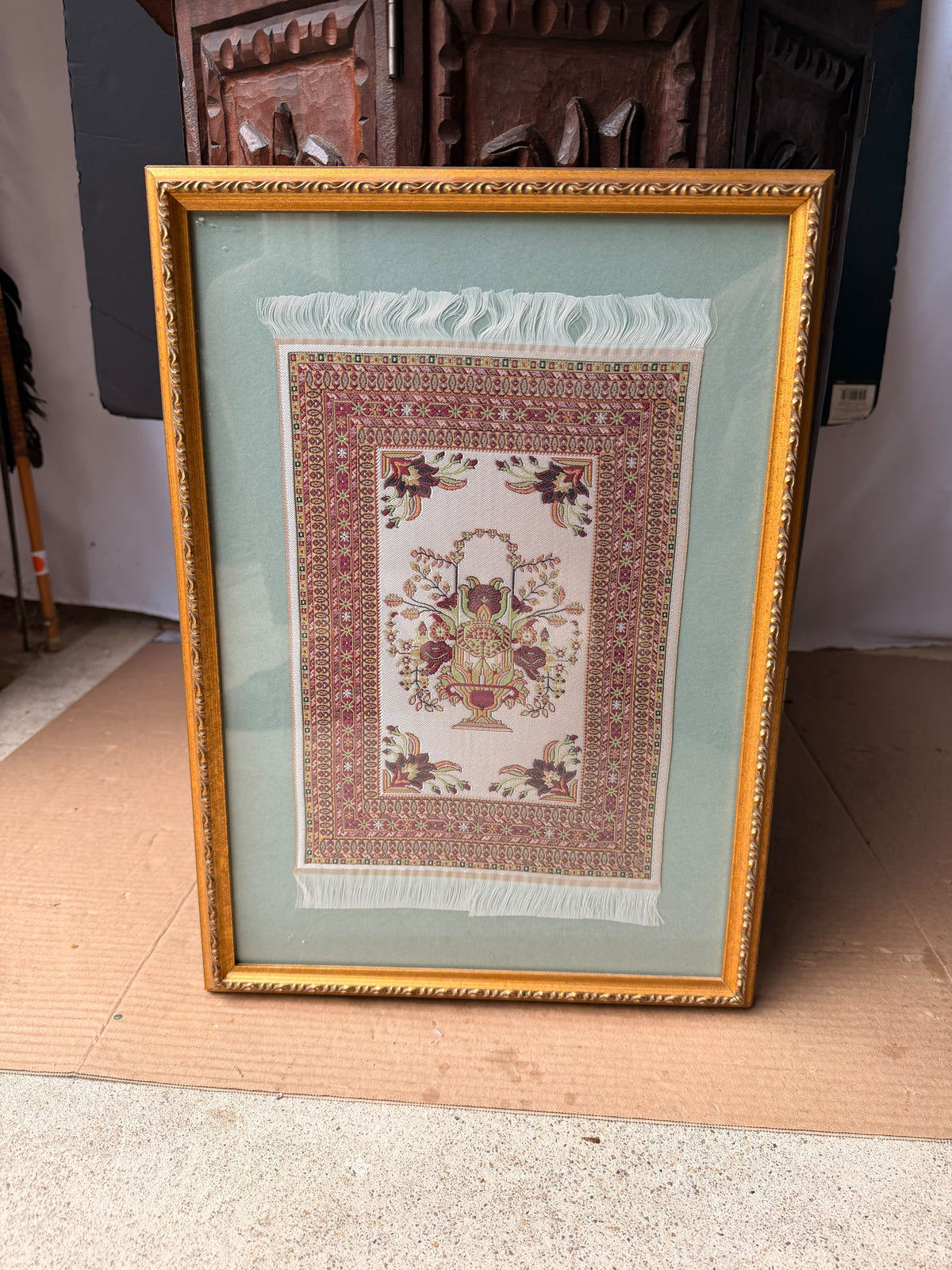 Vintage Framed Miniature Woven Rug Art Floral Vase Oriental Carpet Style 17x12"