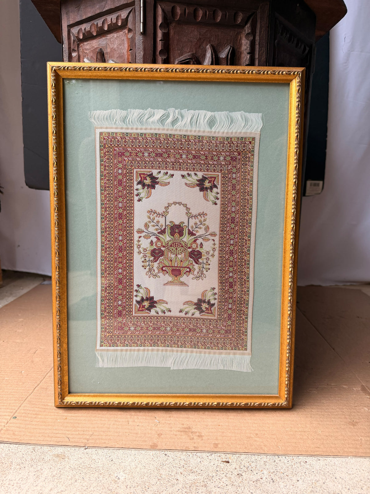 Vintage Framed Miniature Woven Rug Art Floral Vase Oriental Carpet Style 17x12"