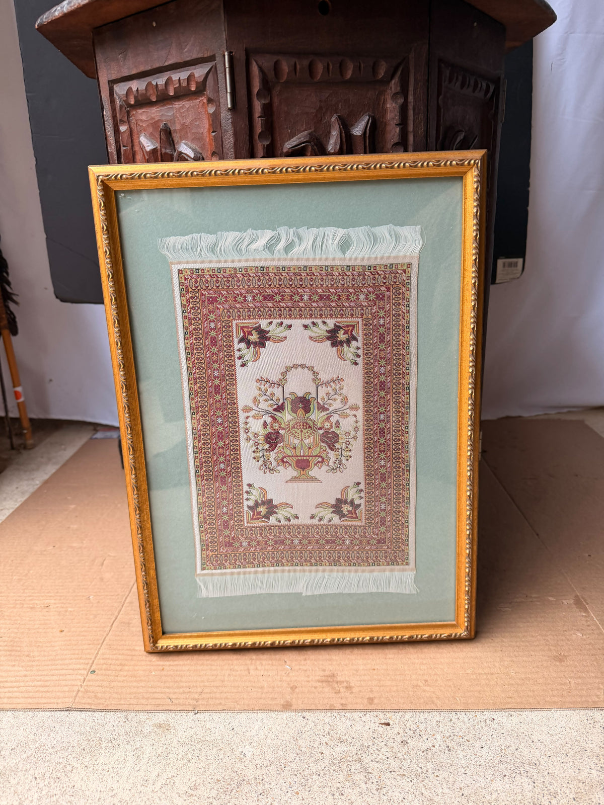 Vintage Framed Miniature Woven Rug Art Floral Vase Oriental Carpet Style 17x12"