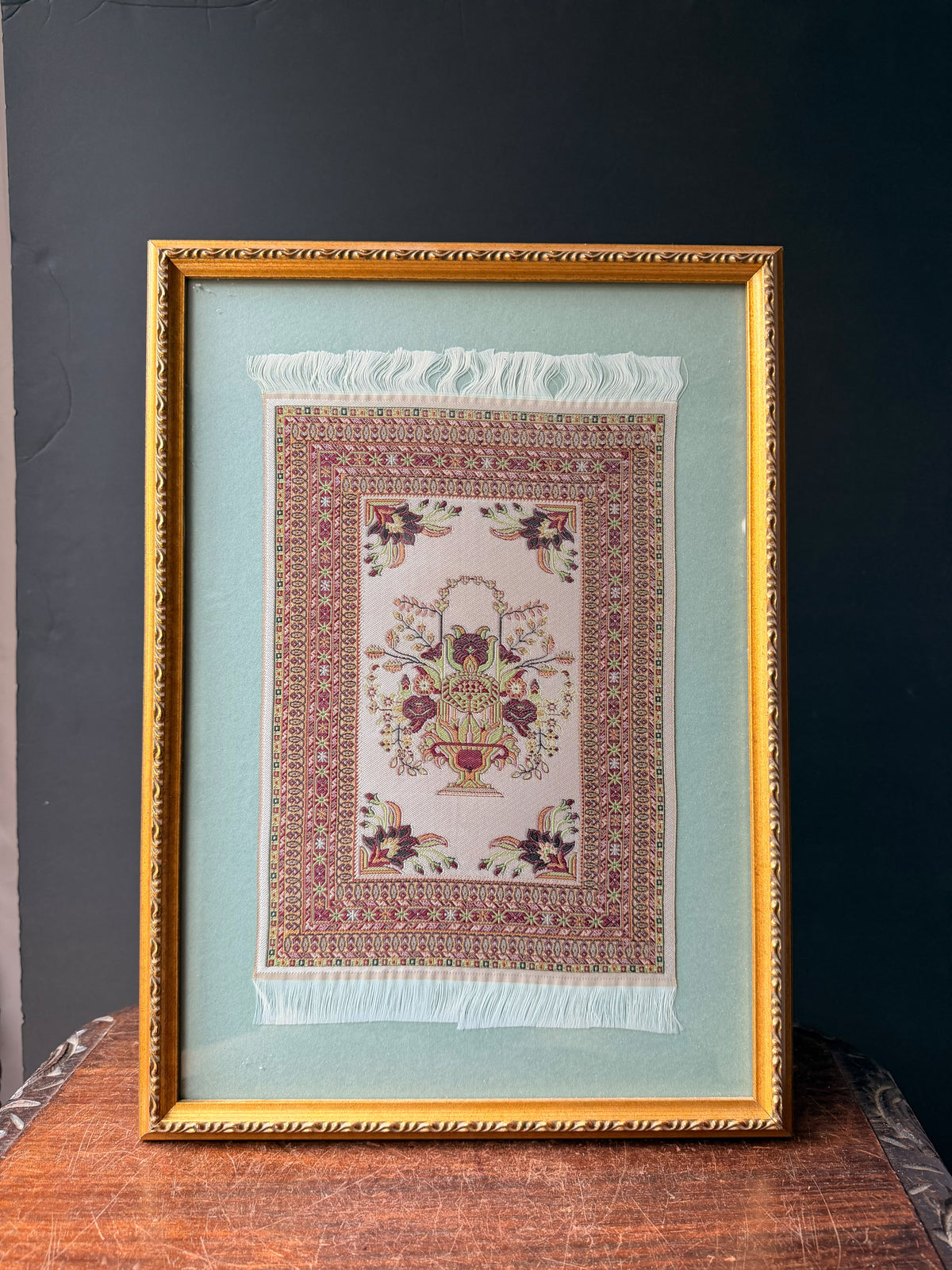 Vintage Framed Miniature Woven Rug Art Floral Vase Oriental Carpet Style 17x12"