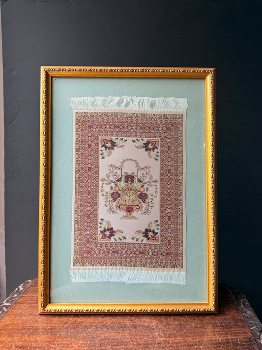 Vintage Framed Miniature Woven Rug Art Floral Vase Oriental Carpet Style 17x12"