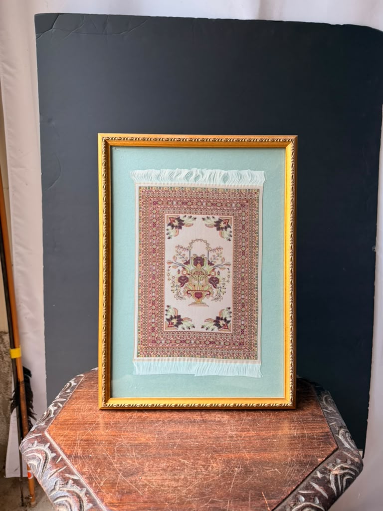 Vintage Framed Miniature Woven Rug Art Floral Vase Oriental Carpet Style 17x12"