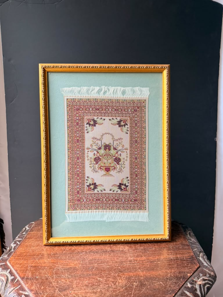 Vintage Framed Miniature Woven Rug Art Floral Vase Oriental Carpet Style 17x12"