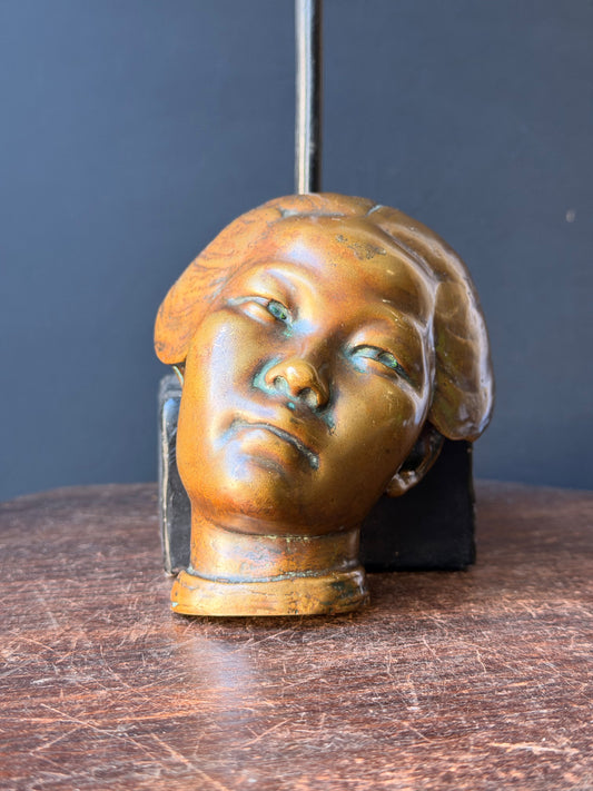Vintage Bronze Head of an Asian Woman Open Back Sculpture Mask Verdigris 5 in