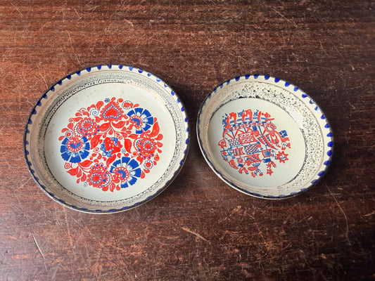 Vintage Moissiadis Greek Hand-Made Enamel Trinket Dishes Pair Folk Art 3.5 in