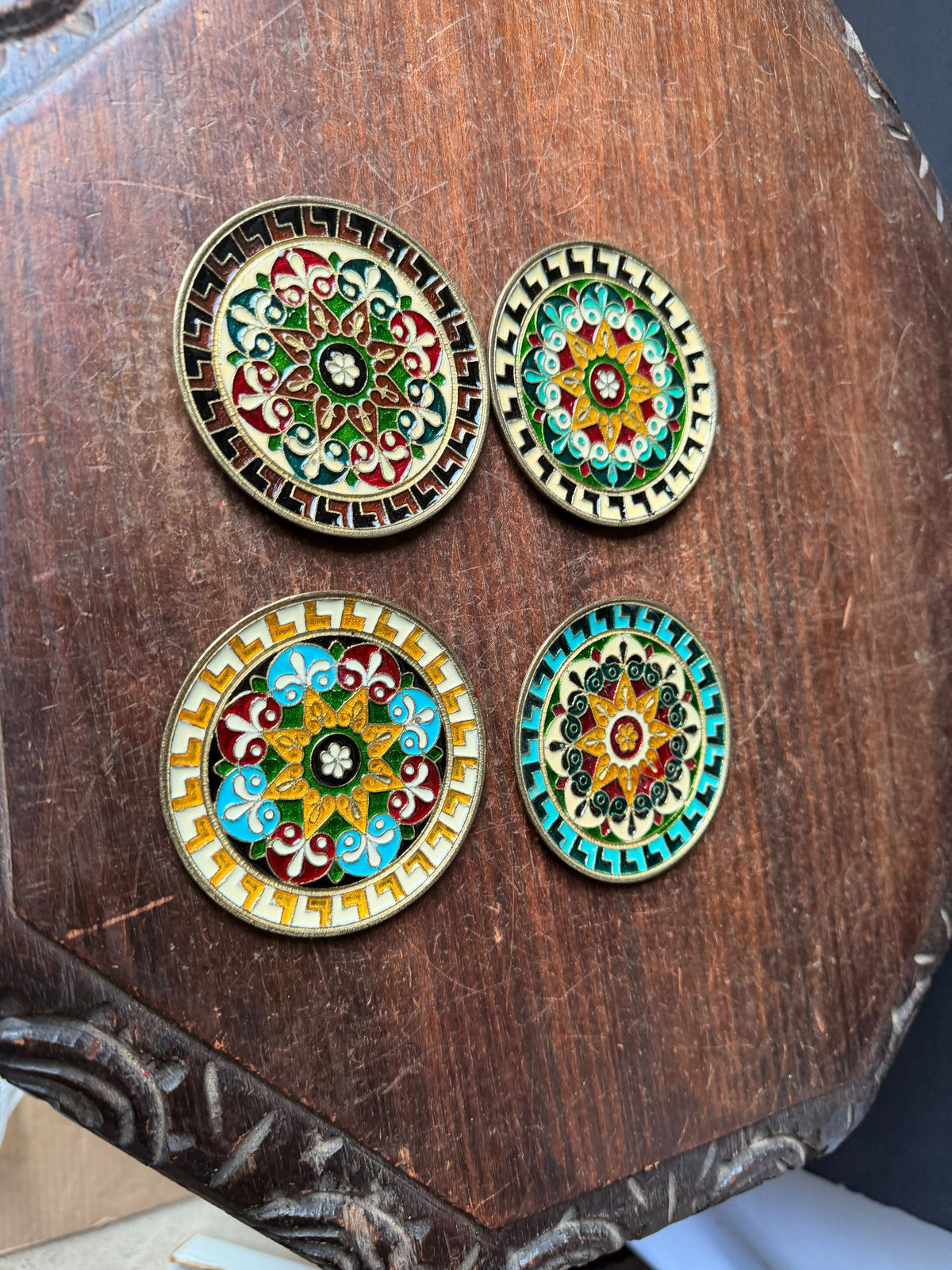 Vintage Greek Enamel Brass Mini Wall Plaques Set of 4 Greek Key 3.5 in