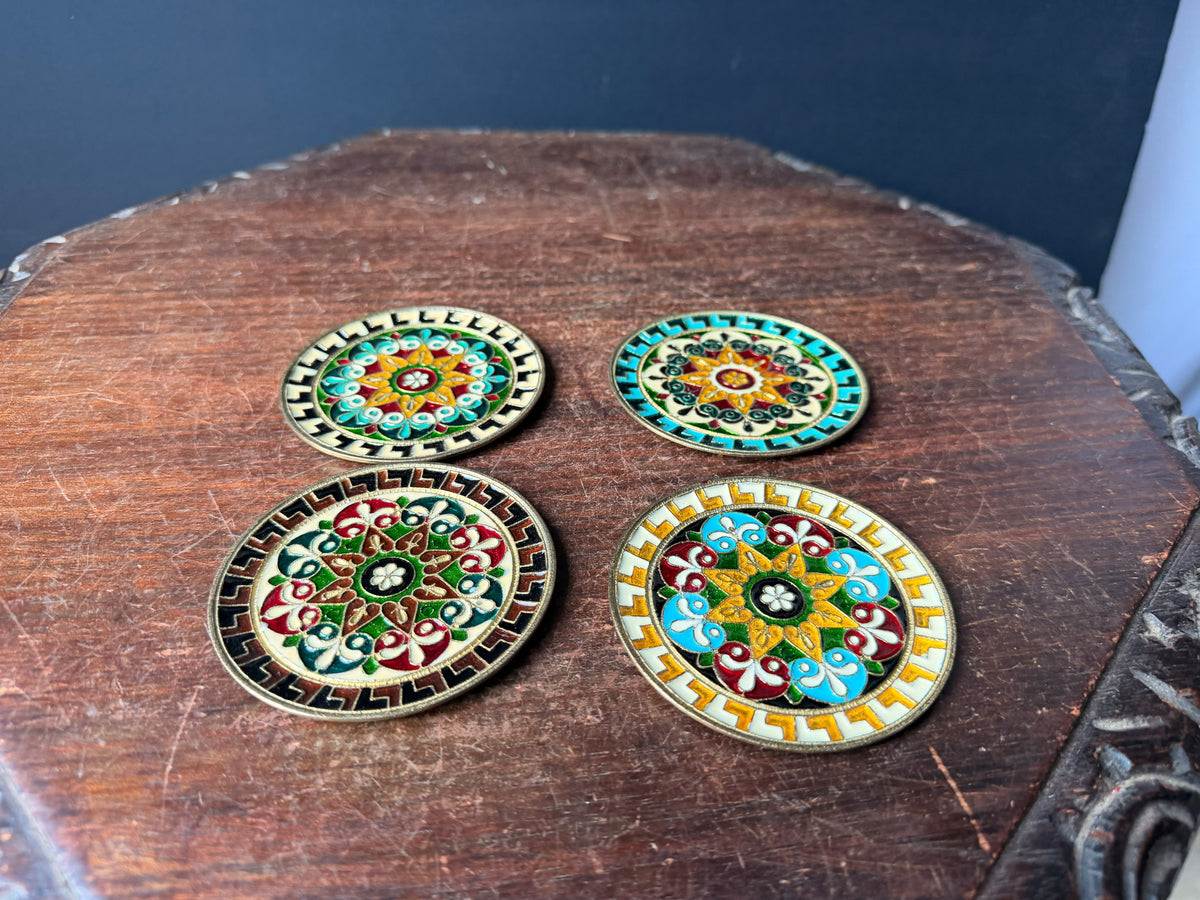 Vintage Greek Enamel Brass Mini Wall Plaques Set of 4 Greek Key 3.5 in