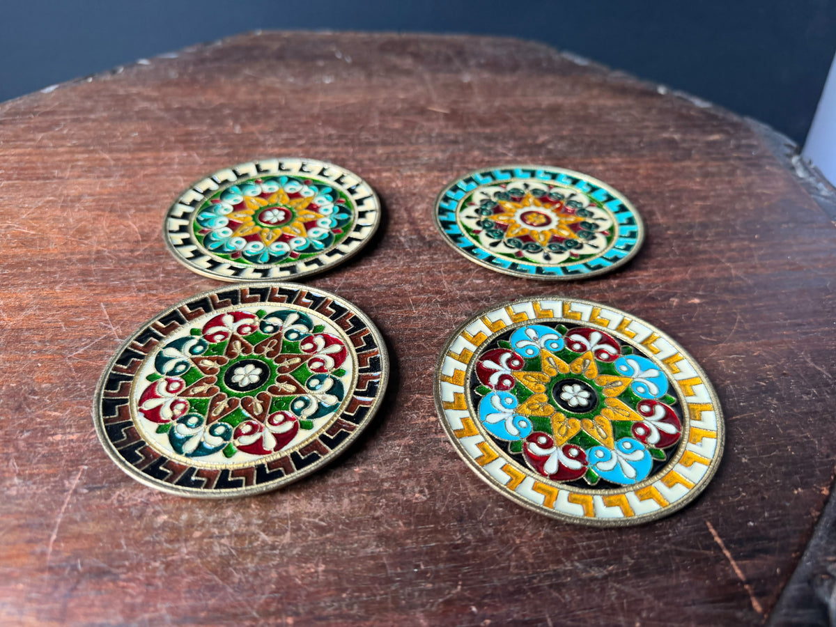 Vintage Greek Enamel Brass Mini Wall Plaques Set of 4 Greek Key 3.5 in