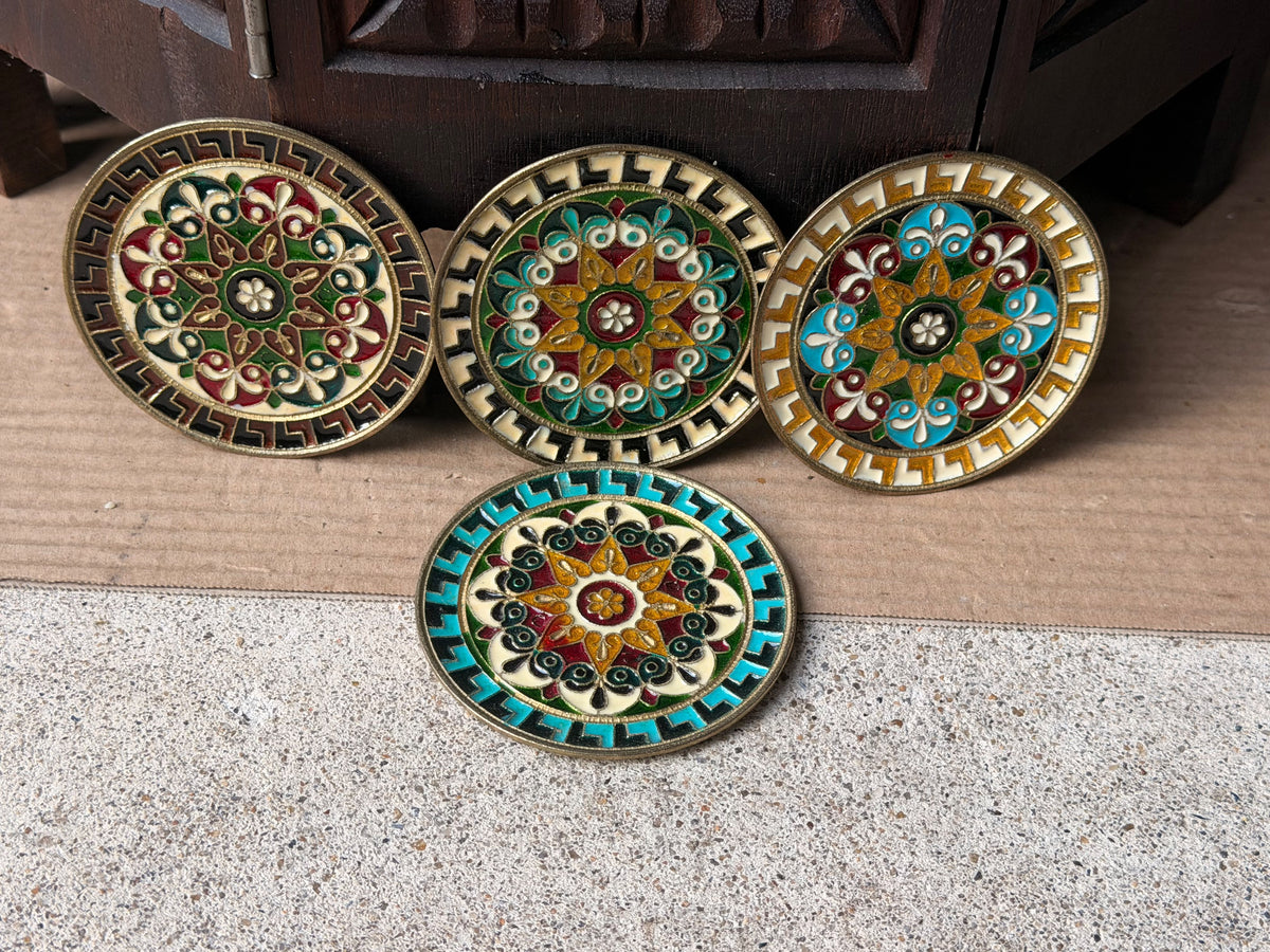 Vintage Greek Enamel Brass Mini Wall Plaques Set of 4 Greek Key 3.5 in