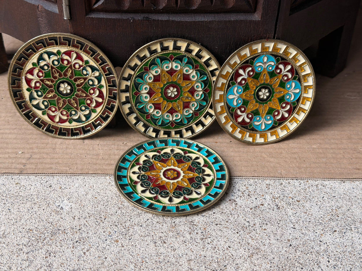 Vintage Greek Enamel Brass Mini Wall Plaques Set of 4 Greek Key 3.5 in