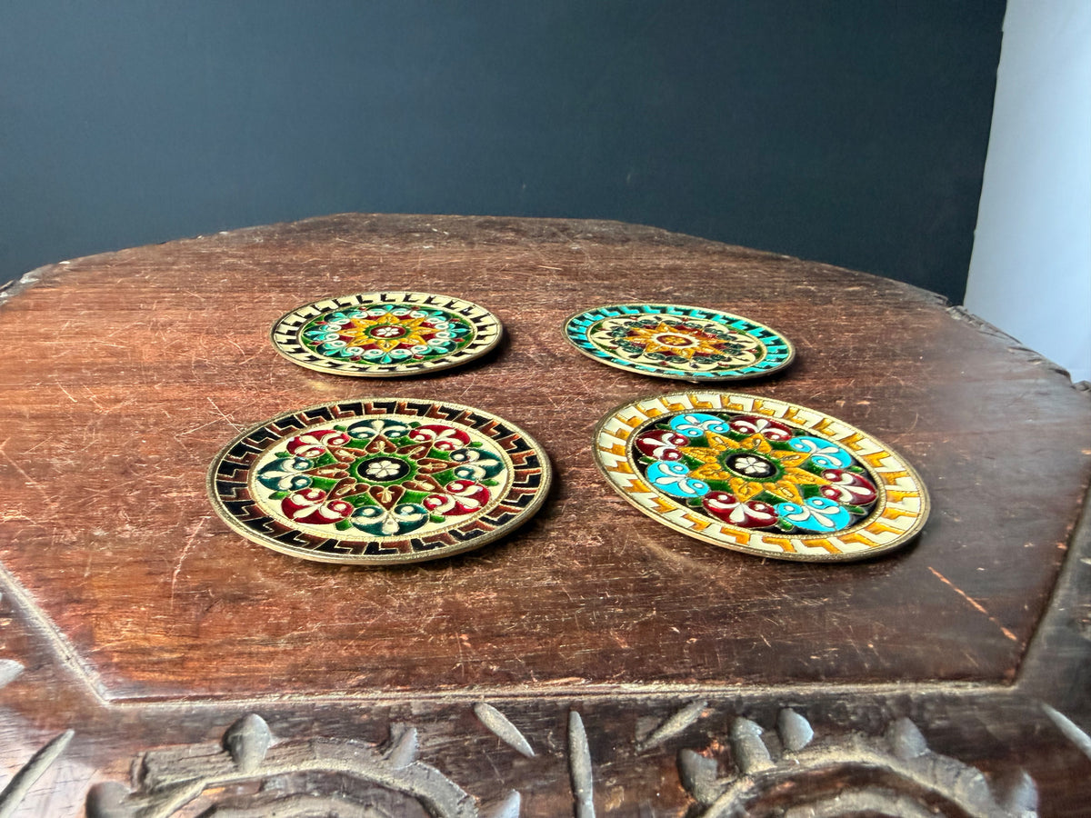 Vintage Greek Enamel Brass Mini Wall Plaques Set of 4 Greek Key 3.5 in