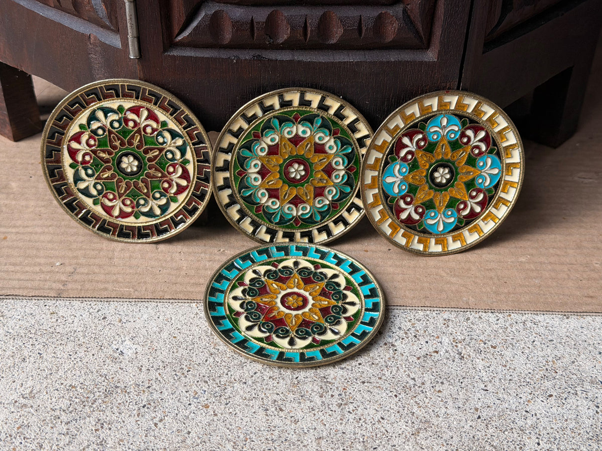 Vintage Greek Enamel Brass Mini Wall Plaques Set of 4 Greek Key 3.5 in
