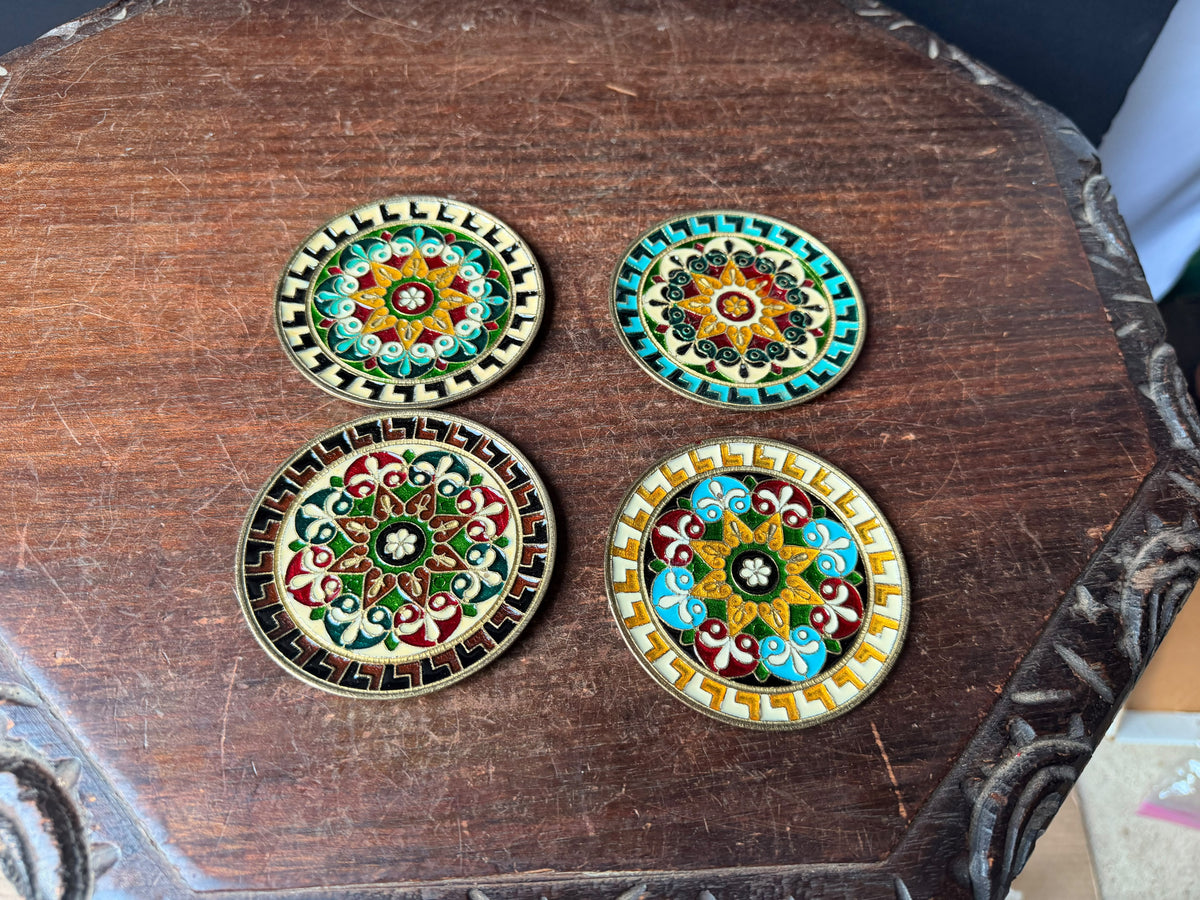 Vintage Greek Enamel Brass Mini Wall Plaques Set of 4 Greek Key 3.5 in
