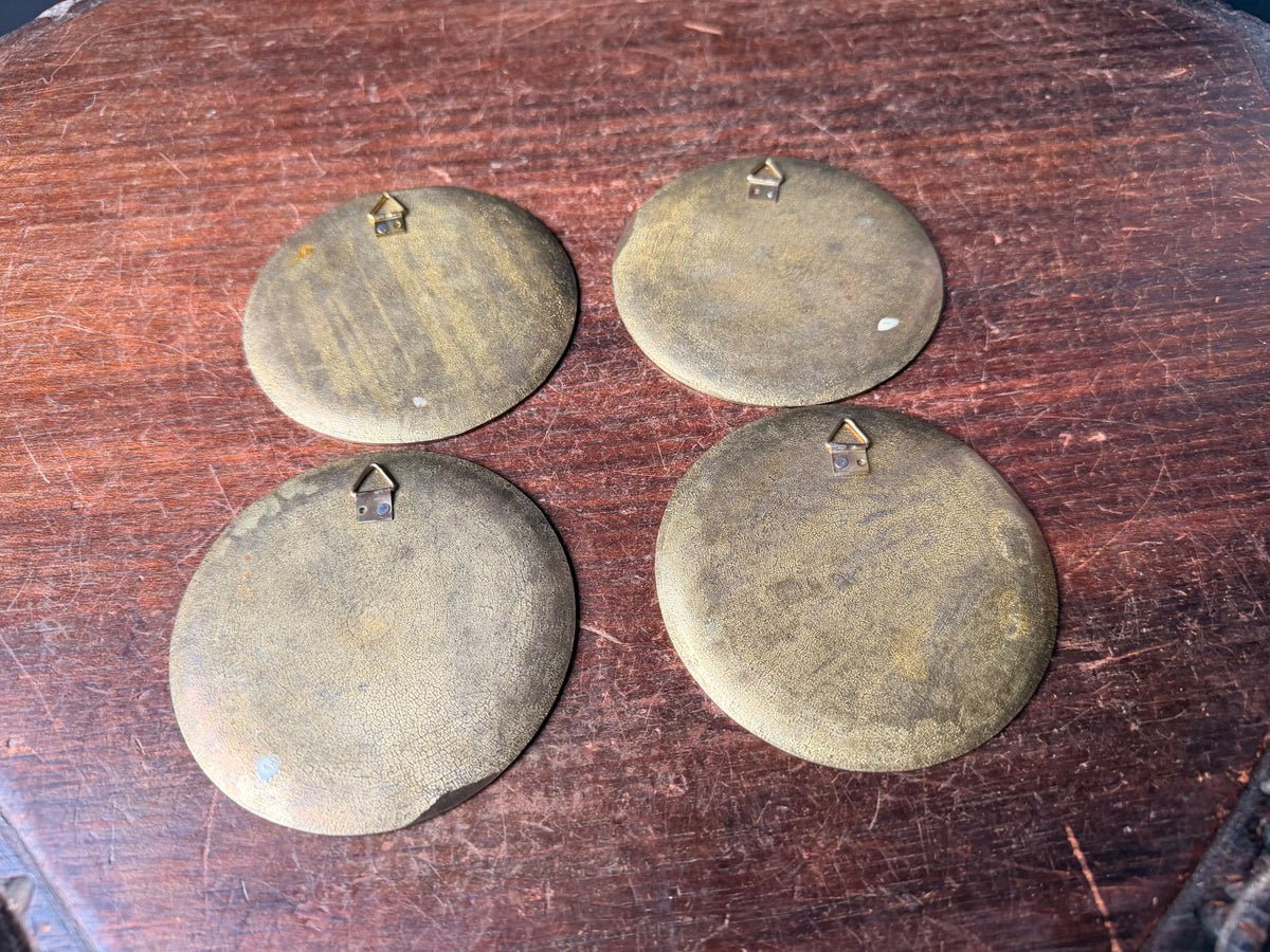 Vintage Greek Enamel Brass Mini Wall Plaques Set of 4 Greek Key 3.5 in