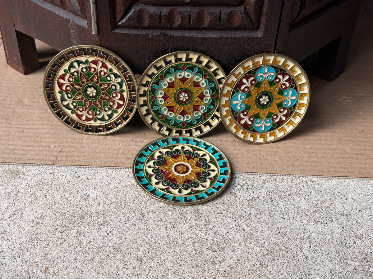 Vintage Greek Enamel Brass Mini Wall Plaques Set of 4 Greek Key 3.5 in