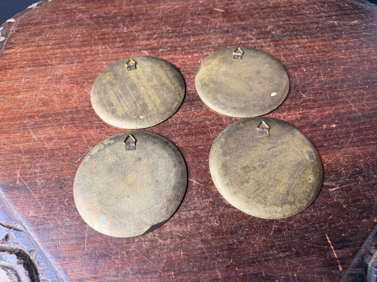 Vintage Greek Enamel Brass Mini Wall Plaques Set of 4 Greek Key 3.5 in