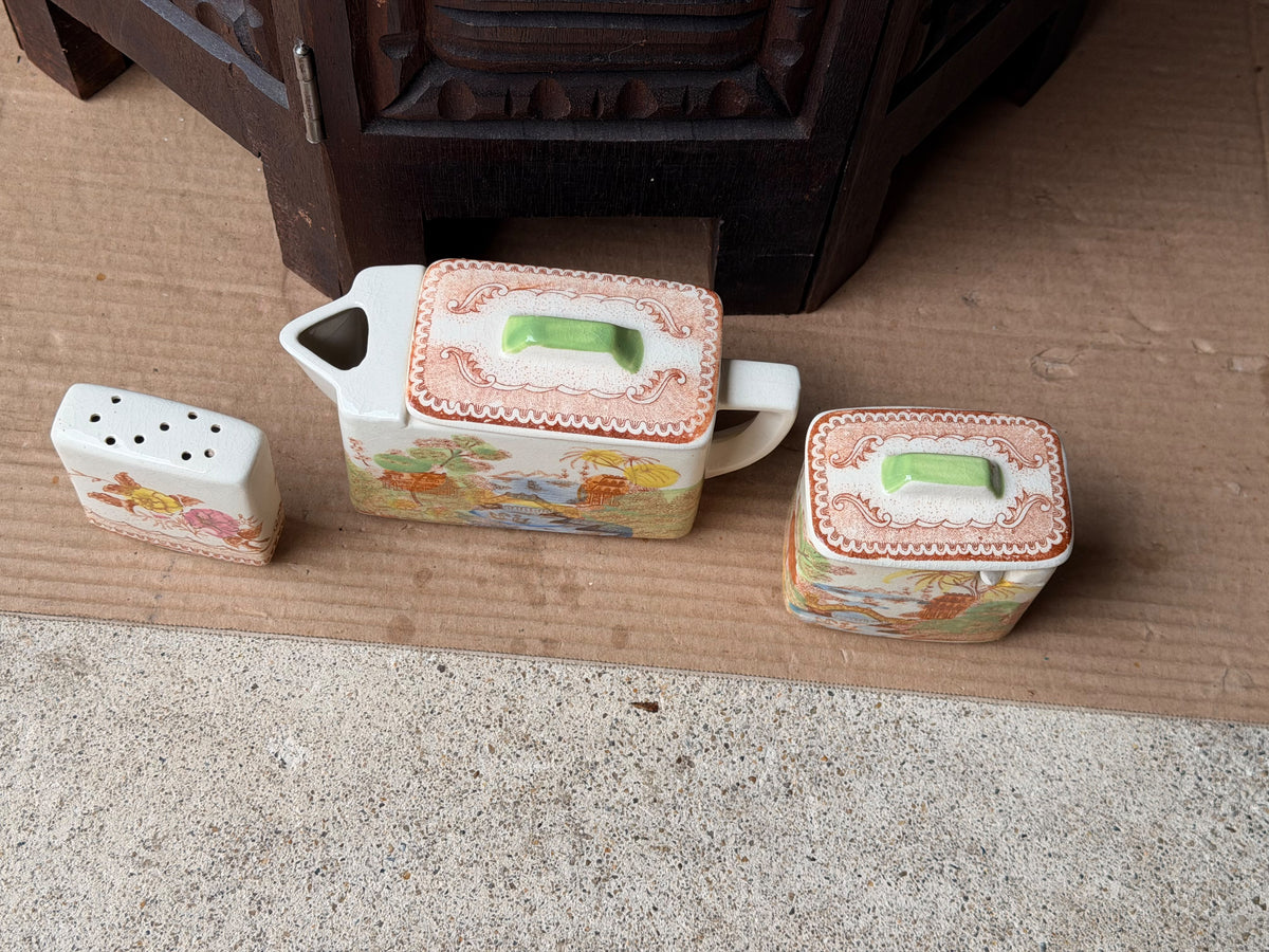 Vintage Japan Rectangular Teapot Lidded Pot Shaker Set Hand Painted Pagoda
