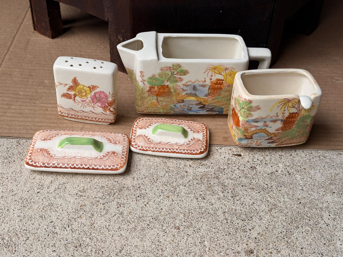 Vintage Japan Rectangular Teapot Lidded Pot Shaker Set Hand Painted Pagoda