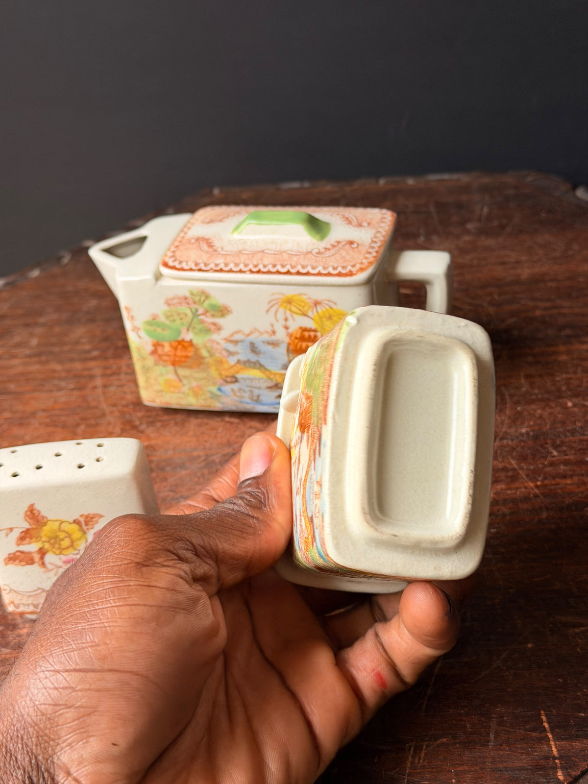 Vintage Japan Rectangular Teapot Lidded Pot Shaker Set Hand Painted Pagoda