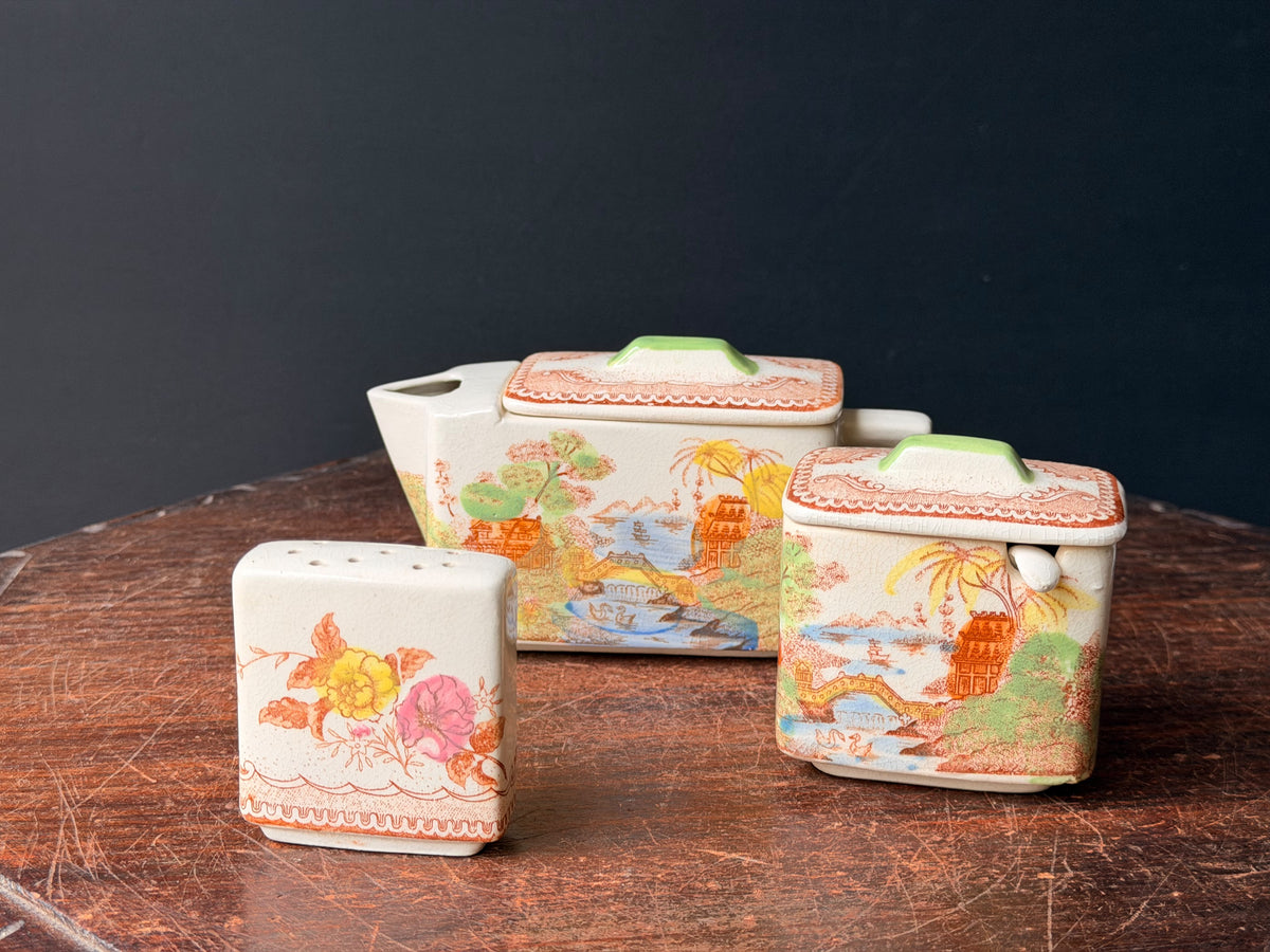 Vintage Japan Rectangular Teapot Lidded Pot Shaker Set Hand Painted Pagoda