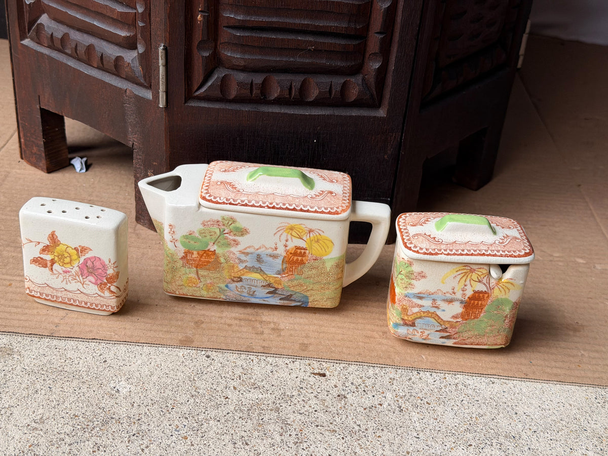 Vintage Japan Rectangular Teapot Lidded Pot Shaker Set Hand Painted Pagoda