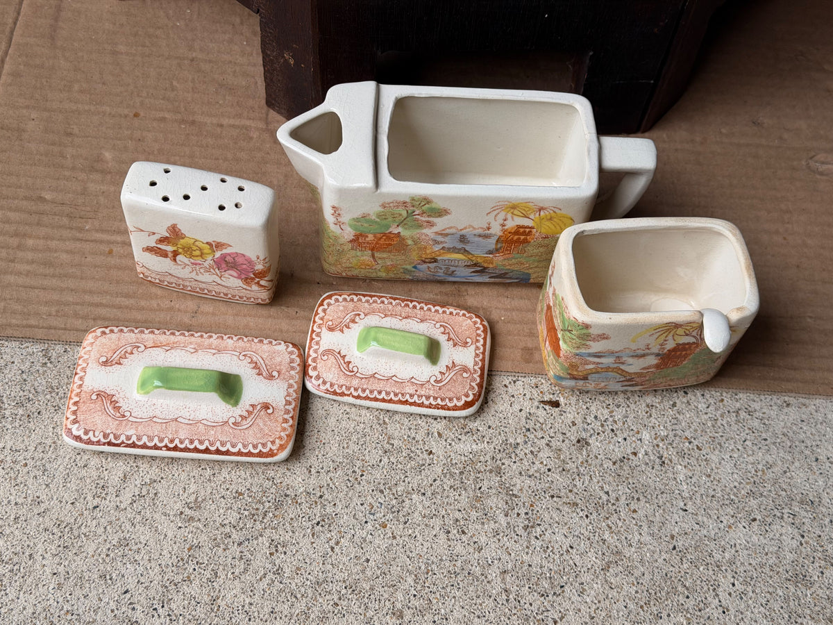 Vintage Japan Rectangular Teapot Lidded Pot Shaker Set Hand Painted Pagoda