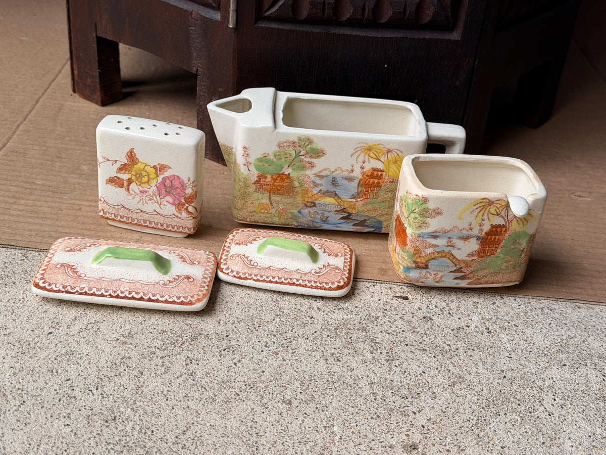 Vintage Japan Rectangular Teapot Lidded Pot Shaker Set Hand Painted Pagoda